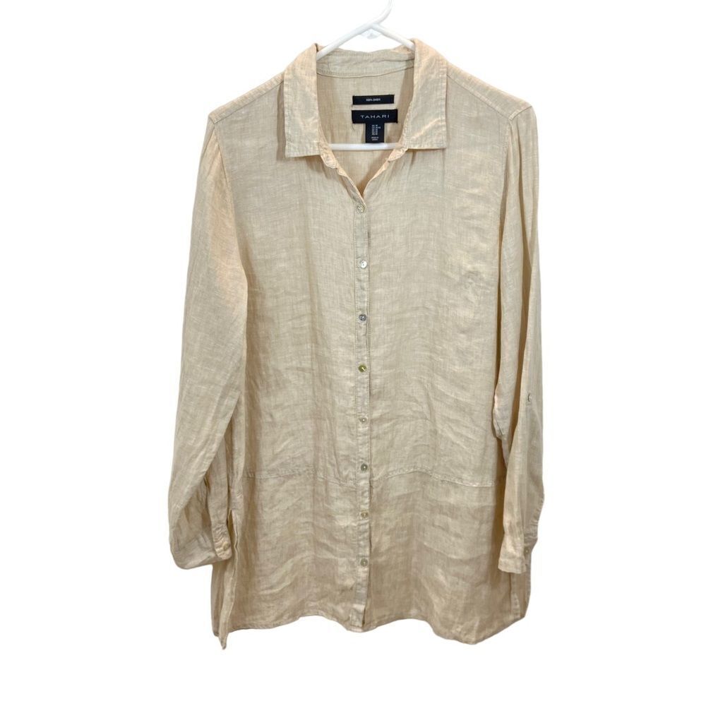 Tahari Ivory Linen Button Up Side Slit‎ Long Sleeve Tunic Top Size Medium